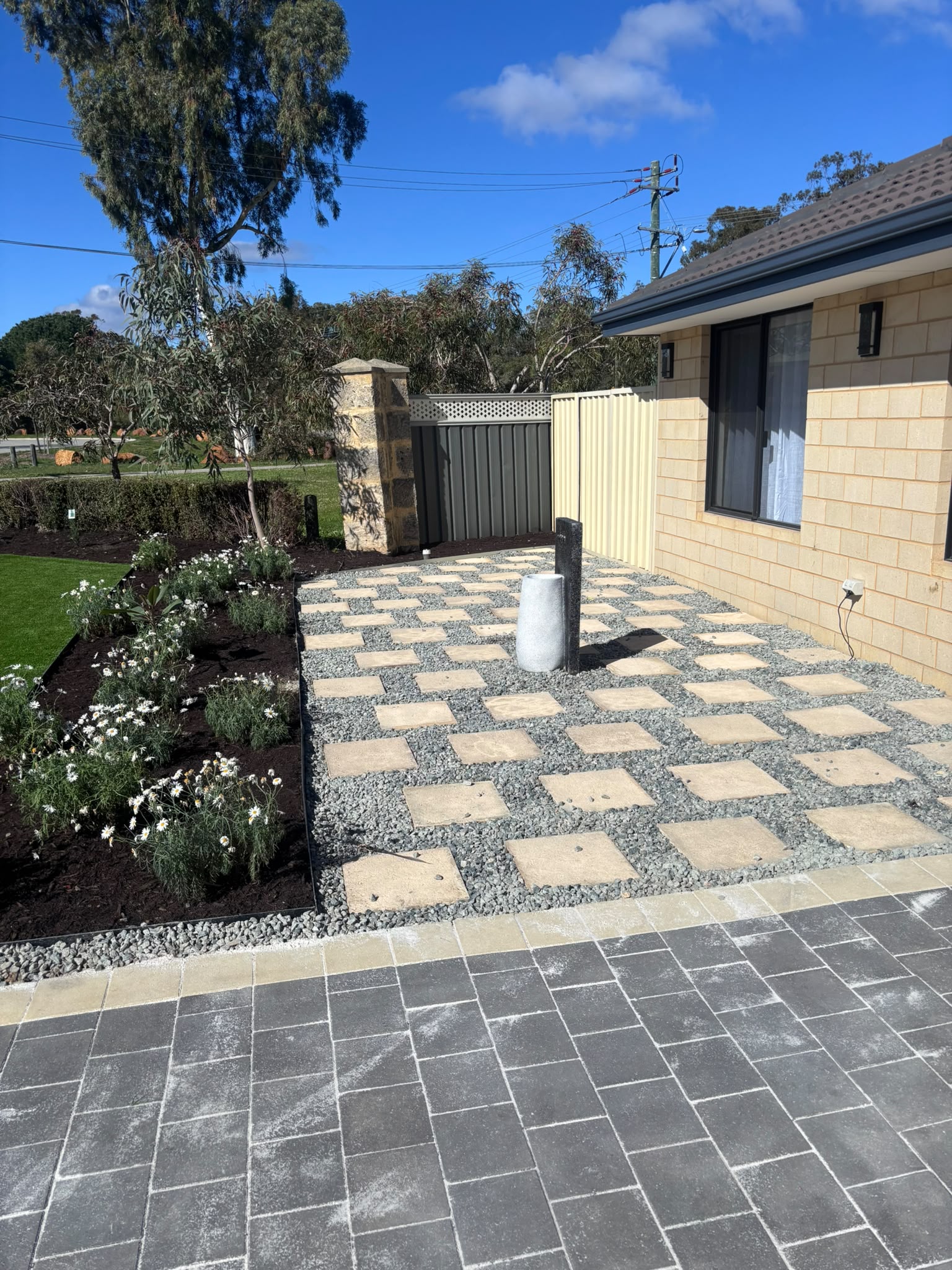Completed landscaped Perth backyard with lawn and garden beds